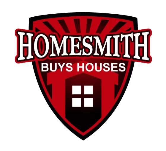 homesmith logo, featuring images of a house, a coat of arms, and the words, "Homesmith Buys Houses"